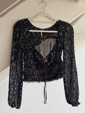 Free People Black Floral Tie-Front Smocked Waist Blouse
